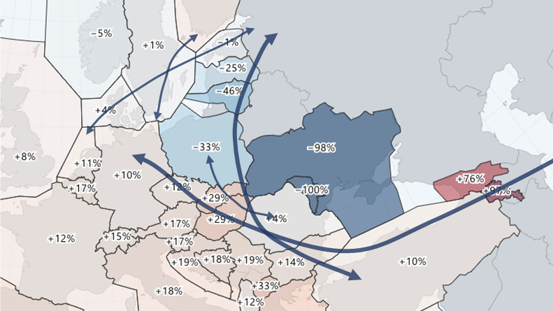 How re-routing around Ukraine is disrupting traffic flows across a wide area